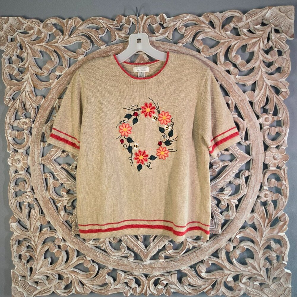 Christopher & Banks Vintage Short Sleeve Knit Embroidered Bee Sweater Size M